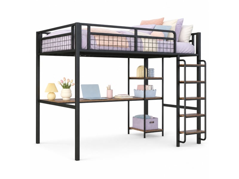  Lit mezzanine enfant 140x200 cm – noir – bureau et étagères intégrés, échelle sécurisée – sans matelas  - Conforama A
