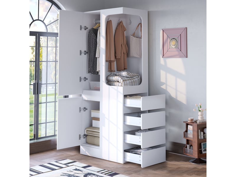  Armoire 70 x 40 x 170 cm blanc, une porte, tiroirs, compartiments et zone ouverte de rangement  - Conforama C