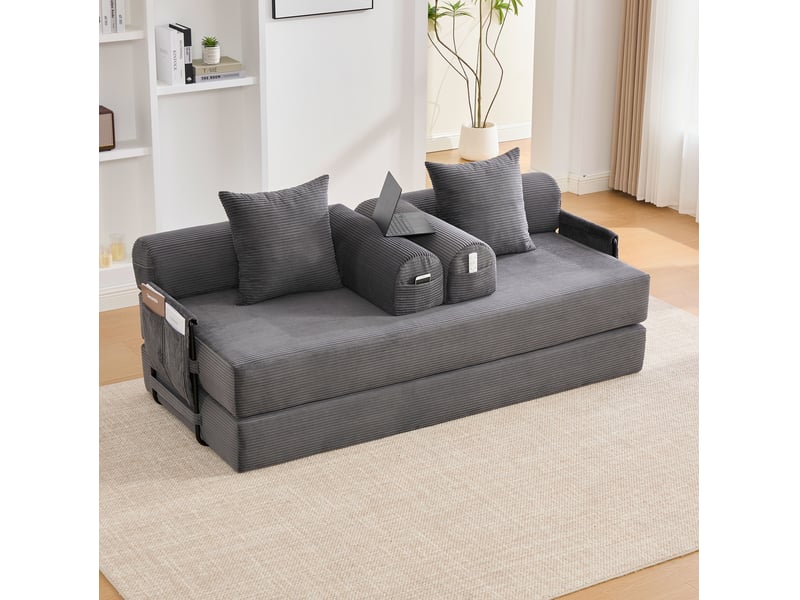 Canapé modulaire 3 places à configuration libre avec poches latérales et 3 coussins en velours côtelé gris foncé - Conforama E