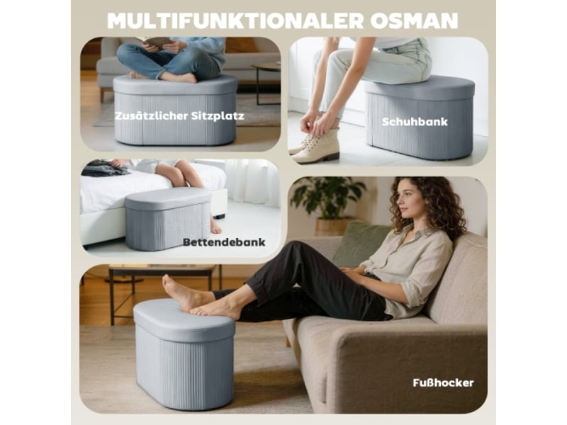  Banc coffre pliable gris foncé effet velours, rembourré, 76x38x35 cm, pour salon  - Conforama B