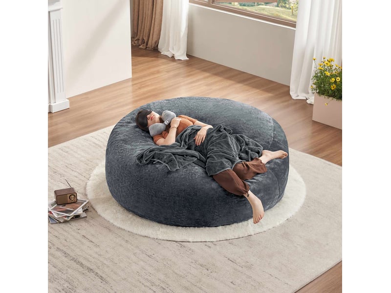  Pouf géant rond 150x150x60 cm en velboa gris avec mousse à mémoire de forme  - Conforama D