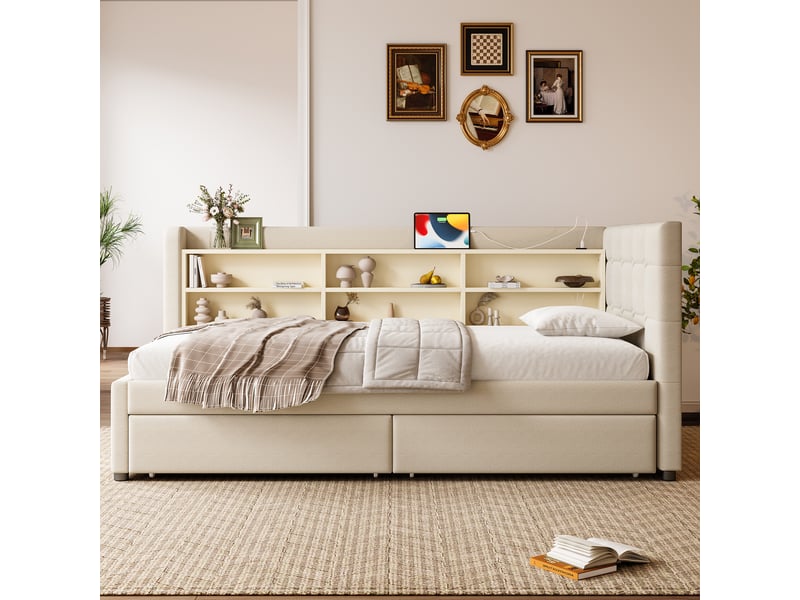  Lit banquette 90x200 lit de jour en lin beige avec 2 tiroirs - ports usb type c et étagères  - Conforama B