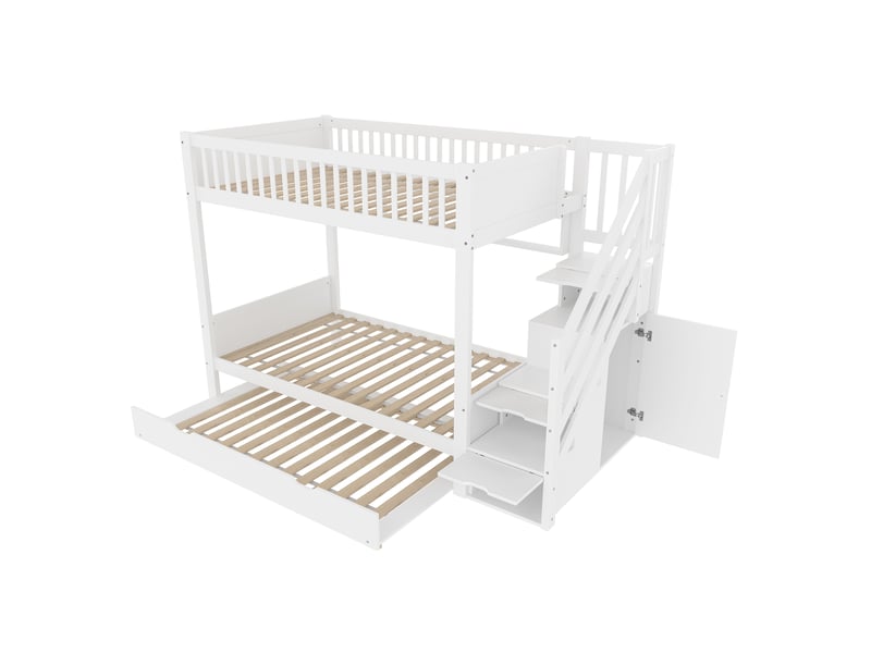  Lit enfant 90x200 cm avec lit gigogne et coffre de rangement, lit superposé avec étagère et penderie, lit 1 personne, blanc  - Conforama B