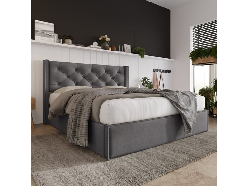  Lit coffre 140 × 200 cm 2 places avec rangement et tête rembourrée, sans matelas, en coton gris  - Conforama C