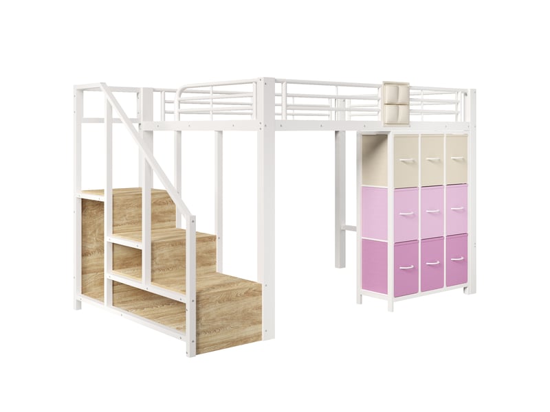 Lit mezzanine métal 140x200 cm blanc avec tiroirs, penderie et escalier rangement - Conforama E