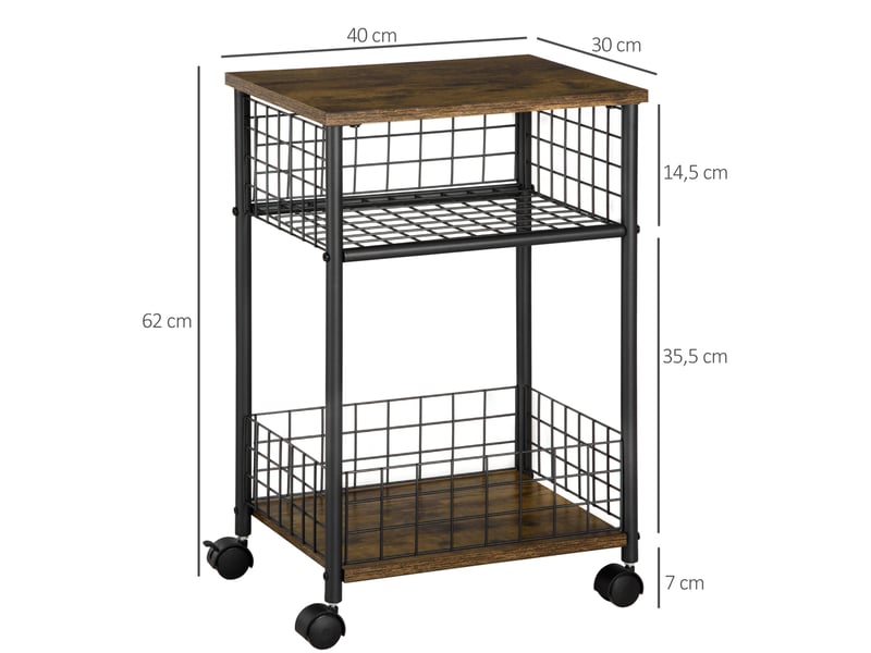  Desserte de cuisine 40 x 30 x 62 cm avec plan de travail, 2 paniers de rangement, roulettes 360°, marron rustique  - Conforama C