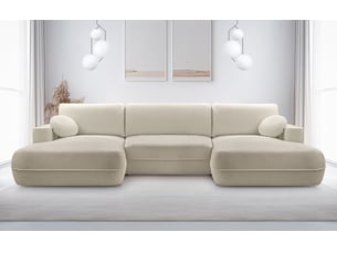 Canapé d'angle panoramique convertible <strong>AX LIVING </strong> <strong>Peoni</strong> 5 places Velours beige avec coffre de rangement