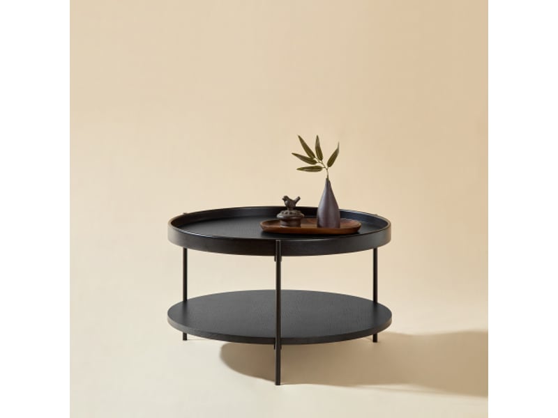  Table basse ronde avec 2 plateaux ouverts - pour salon - en bois massif et mdf - 69×69×38 cm - noir  - Conforama B