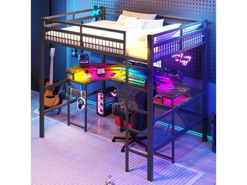  Lit mezzanine 140 x 200 cm sans matelas, structure métal, bureau, led, usb et type-c, prises, panneau perforé, noir  - Conforama C