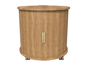 Chevet rond 60x60x60 cm à roulettes avec station de charge, prise et 2 usb, porte coulissante et rangement salon chambre, mdf, naturel