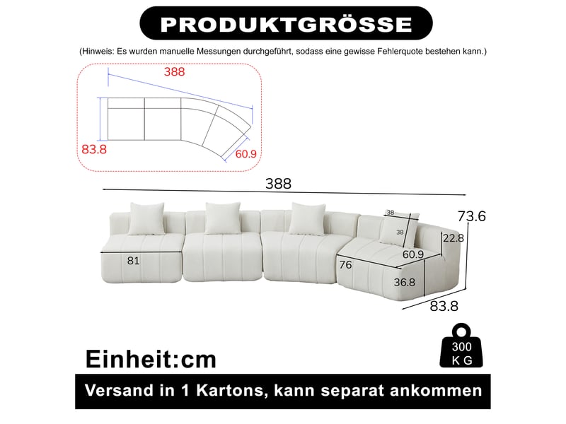  Canapé 4 places - 388x83.8x73.6 cm - canapé d'angle modulaire incurvé chenille avec coussins sans montage - beige  - Conforama E