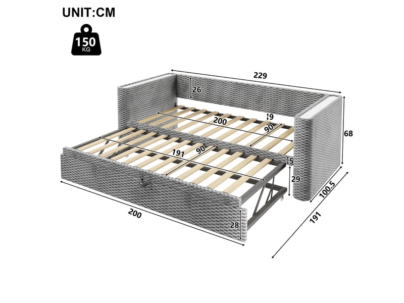  Lit enfant gigogne 90x200+90x190 cm gain de place led multicolore pilotée, manuelle, velours gris, sans matelas  - Conforama C