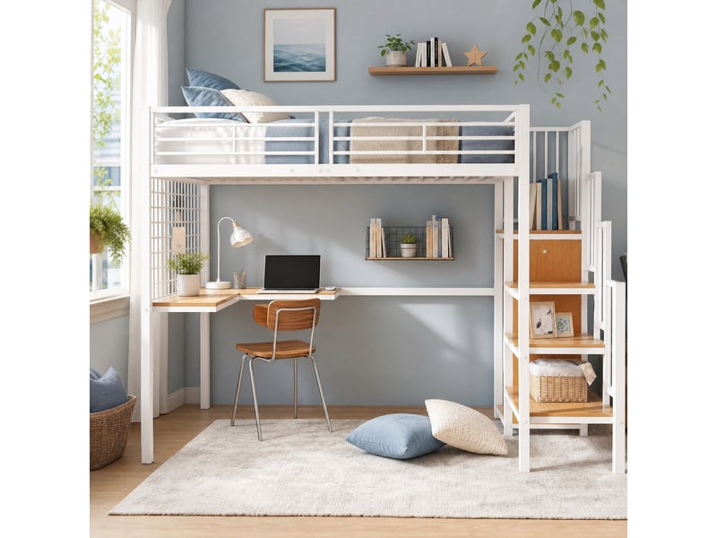  Lit mezzanine en métal 1 place avec bureau, armoire, escalier latéral et garde-corps, 90 x 200 cm, sans matelas  - Conforama B