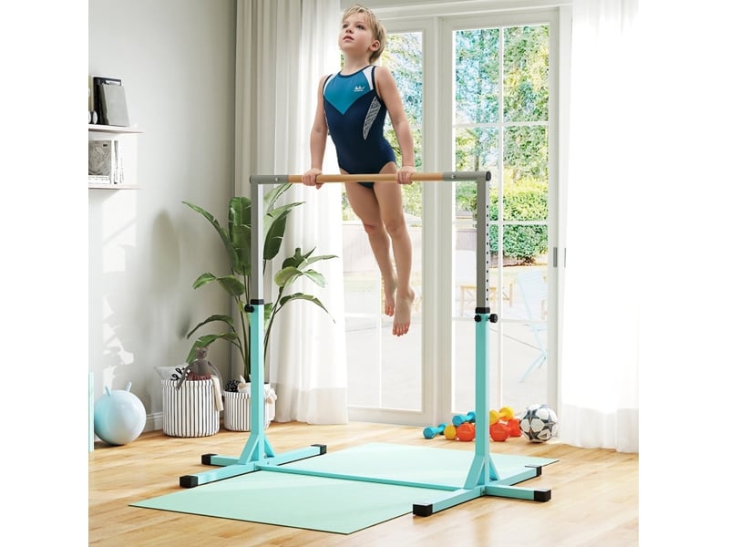 Barre de gymnastique enfant 194x121 cm réglable en hauteur métal et bois cyan - Conforama B