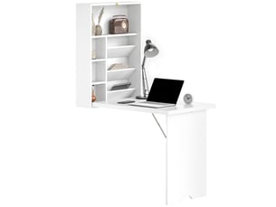 Bureau mural pliable avec étagères et tableau en liège blanc 93,8 x 60 x 147 cm