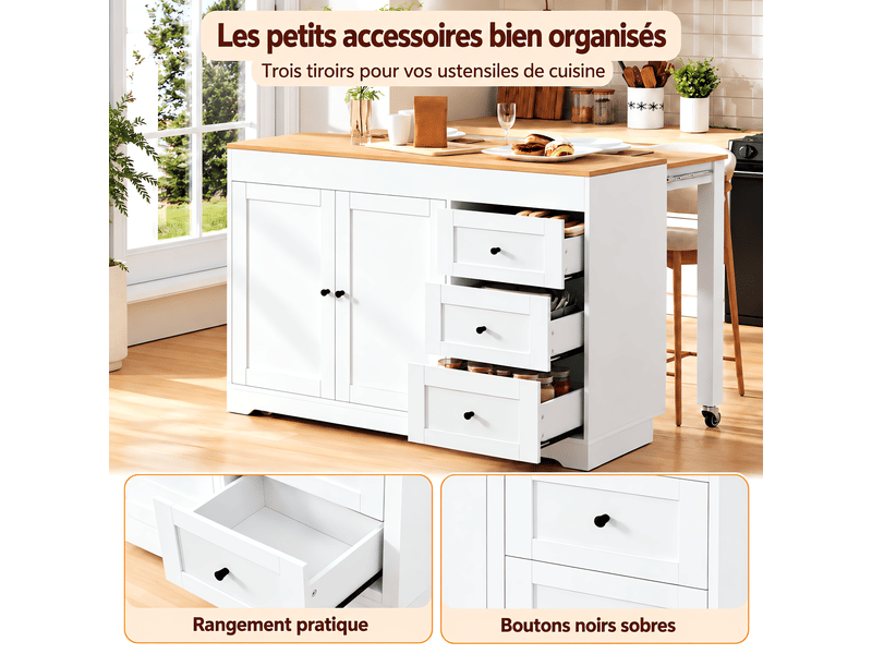  Îlot de cuisine blanc sur roulettes muvano avec plan de travail effet bois, 3 tiroirs et 2 portes  - Conforama R