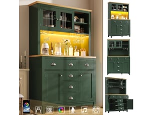 Buffet de cuisine vert style maison de campagne, armoire de rangement 180cm avec 4 portes, éclairage led et porte-gobelets.