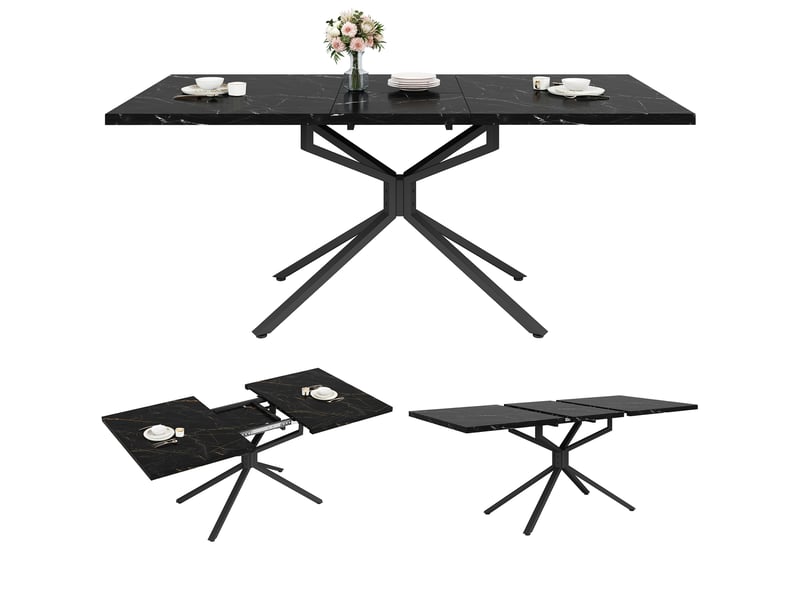  Table à manger de cuisine 120–160x90 cm - extensible - piètement métallique étoilé - patins réglables - mdf et métal - noir  - Conforama A