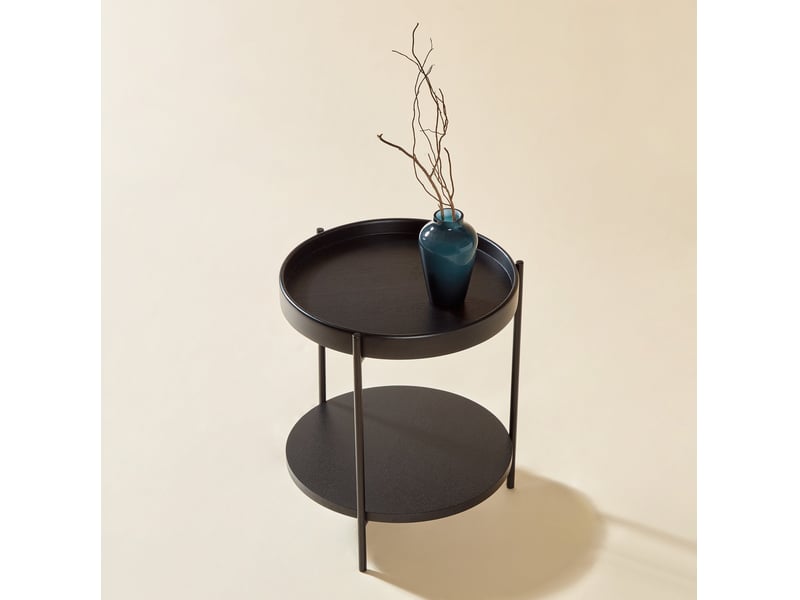  Table basse ronde avec double plateau et rangement ouvert, style moderne, en bois massif, mdf et métal, noir  - Conforama C