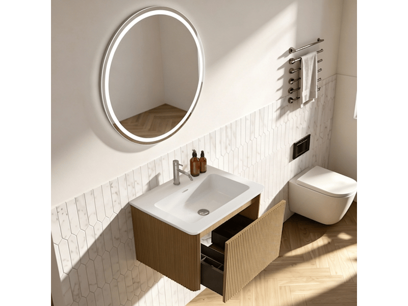  Meuble de salle de bain suspendu 60 cm ensemble meuble vasque couleur chêne avec miroir led  - Conforama B
