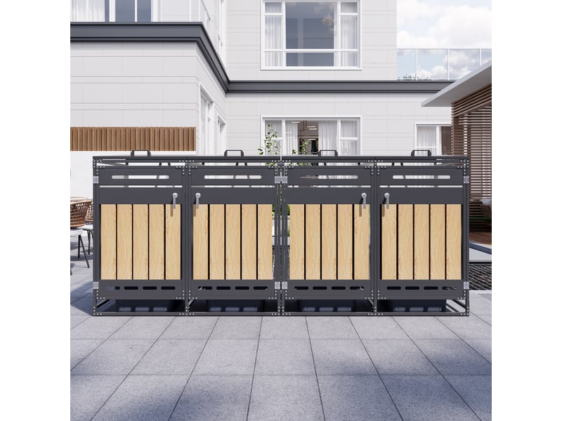 Armoire poubelle 4 compartiments, couvercles hydrauliques, façade imitation bois, ventilation perforée, fer antirouille, serrure individuelle - Conforama C