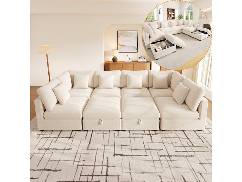 Canapé d'angle xxl modulable 8 places , 292 x 220 x 81 cm avec fonction lit intégrée, 2 poufs de rangement , 6 coussins , tissu chenille – beige - Conforama B