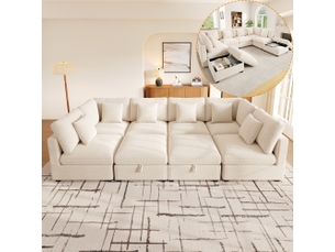 Canapé d'angle xxl modulable 8 places , 292 x 220 x 81 cm avec fonction lit intégrée, 2 poufs de rangement , 6 coussins , tissu chenille – beige