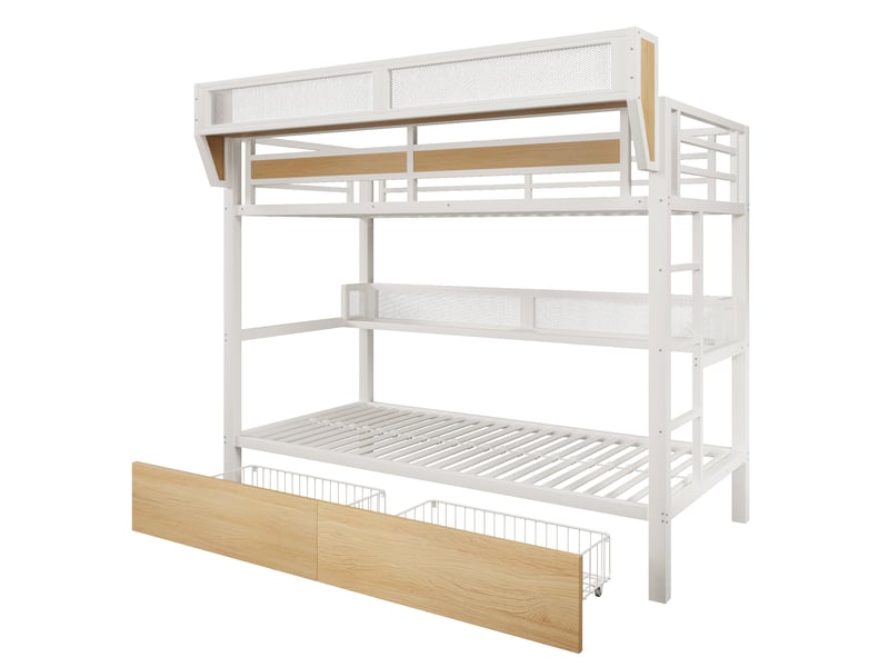  Lit superposé enfant 90x200 cm en métal avec led, 2 tiroirs, étagère, panier de rangement et barrière de sécurité - blanc (sans matelas)  - Conforama A