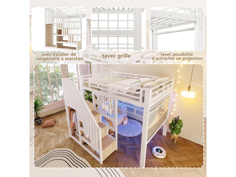  Lit mezzanine 140x200 cm avec led, escalier de rangement, panneau grillagé, support projecteur et sommier, gain de place en métal, blanc Sol Morn - Conforama E