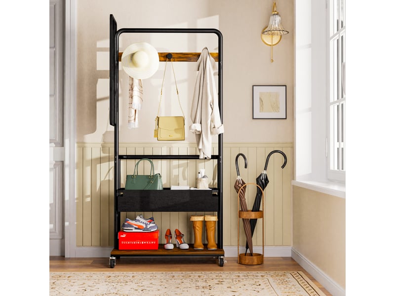 Porte-manteau en métal robuste avec roulettes, design 3 en 1 avec panier et miroir, porte-manteau suspendu, porte-manteau mobile avec roulettes, OZ-SHF162RB - Conforama C