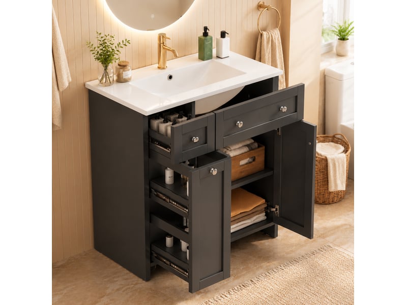 Meuble vasque sur pied 76x47x86 cm avec 3 tiroirs coloris noir  - Conforama D