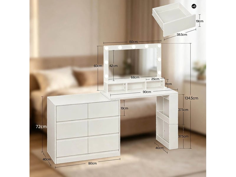 Coiffeuse avec miroir led et rangement 2-en-1, 6 tiroirs, blanc evryae - Conforama E