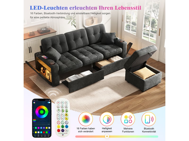  Canapé d'angle fixe en chenille noir 194,5 x 133 x 83 cm, led, usb-c, rangements et ottomane pour salon 194.5x133x83cm - Conforama W
