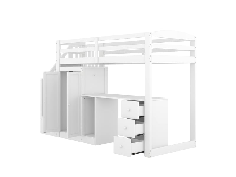 Lit mezzanine avec bureau, armoire, escalier et tiroirs, blanc, 90x200 cm, sommier à lattes - Conforama D