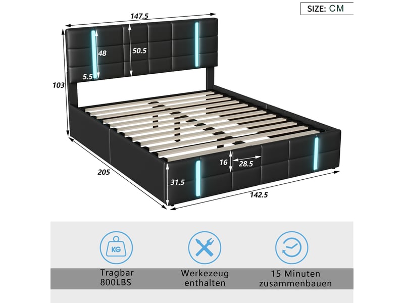Lit coffre 140x200 cm avec led,lit double rembourré 140x200 cm, usb et type-c, sommier à lattes, noir, pu - Conforama C