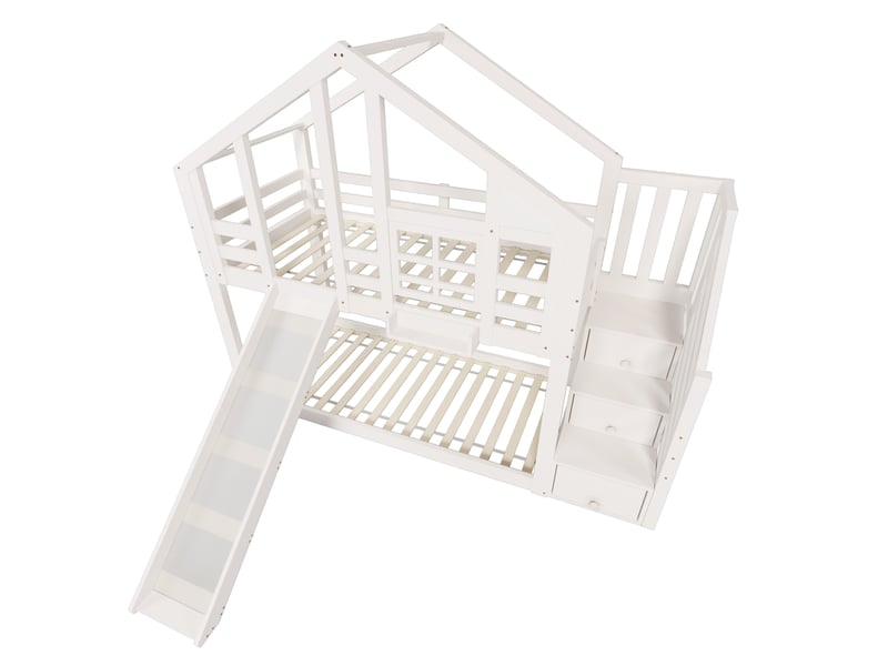 Lit superposé cabane enfant 90 x 200 cm avec toboggan, escalier de rangement, barrières et 2 sommiers, blanc AB400213456W - Conforama E