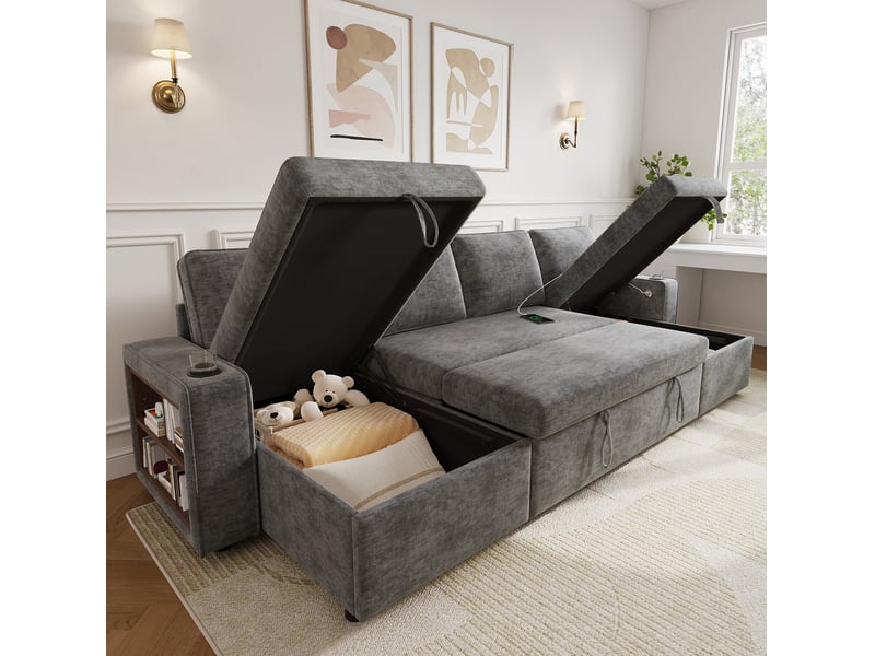  Canapé d'angle modulable en u 270x125x86cm 4 places, coffre de rangement, porte-gobelets, salon, tissu chenille, gris  - Conforama E