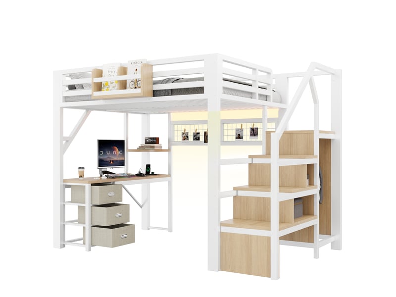 Lit mezzanine enfant 140x200 cm, bureau intégré avec station de charge, armoire, 3 tiroirs, étagère, panneau perforé, led, métal blanc Radiant Stride - Conforama A