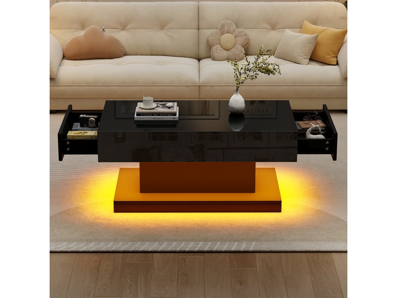 Table basse noire brillante avec led app, table de salon 2 tiroirs, design moderne en forme de i, 100x50x45 cm - Conforama R