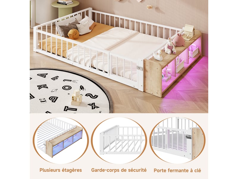  Lit enfant blanc avec rangement et éclairage led, lit en métal 140x200 avec barrière de sécurité, sans matelas.  - Conforama R