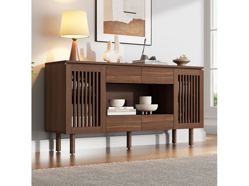  Buffet bas 140x35x71 cm 4 tiroirs 2 portes à lames, style scandinave, mdf, 5 pieds en bois, charge 70 kg noyer  - Conforama B