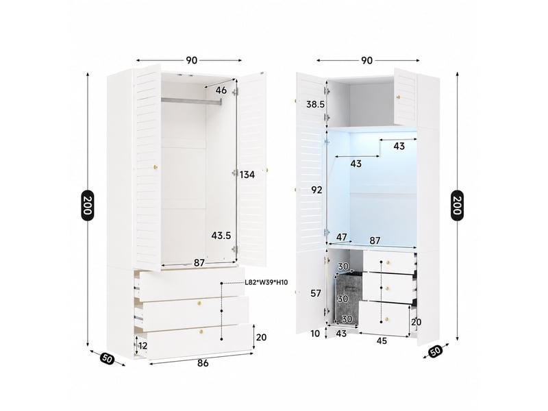  Armoire chambre 180x50x200 cm, dressing complet avec éclairage led et panier à linge, panneaux de particules, avec 6 tiroirs et 2 tringles, blanc  - Conforama E