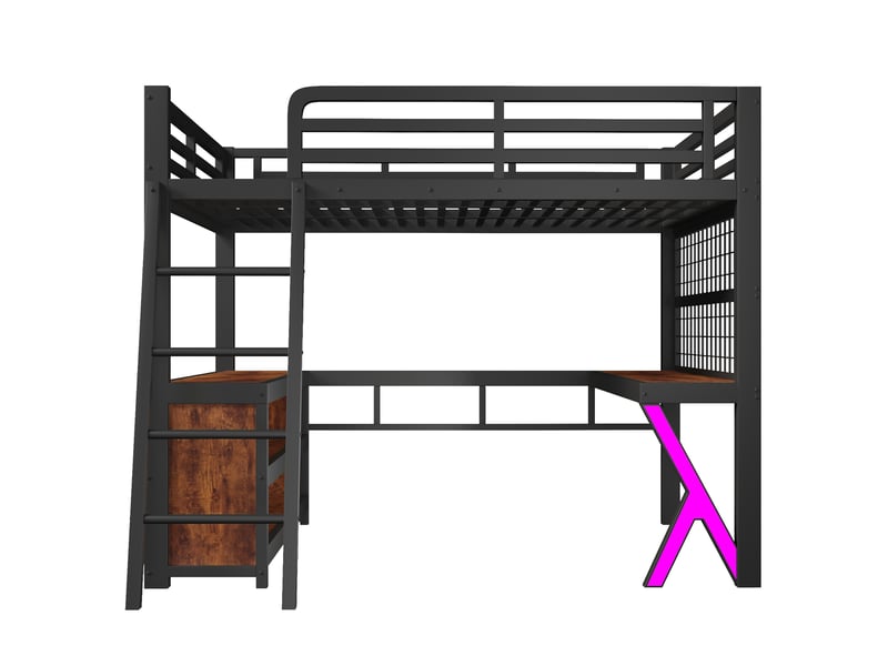  Lit mezzanine 140 x 200 cm en métal noir avec bureau, armoire de rangement, panneau grillagé et éclairage led intégré  - Conforama A