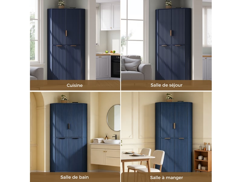  Meuble d'angle avec 4 portes et étagères réglables, design rainuré, pour cuisine, en mdf bleu, 60 × 60 × 172 cm  - Conforama E