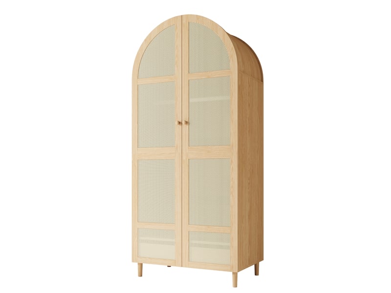  Armoire en mdf et panneaux de particules, avec façades en rotin, penderie et tiroirs, pieds en bois surélevés  - Conforama A