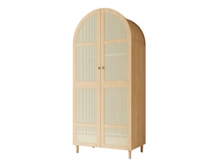 Armoire en mdf et panneaux de particules, avec façades en rotin, penderie et tiroirs, pieds en bois surélevés