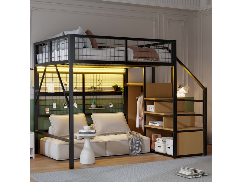  Lit mezzanine 140x200 cm - lit double décoratif avec led intégrées, rangements bas et armoire ouverte - structure mdf et métal - noir  - Conforama D