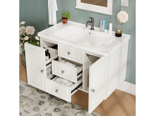 Meuble salle de bains suspendu 78,5 cm blanc avec vasque intégrée, 3 tiroirs et grand espace de rangement, style moderne
