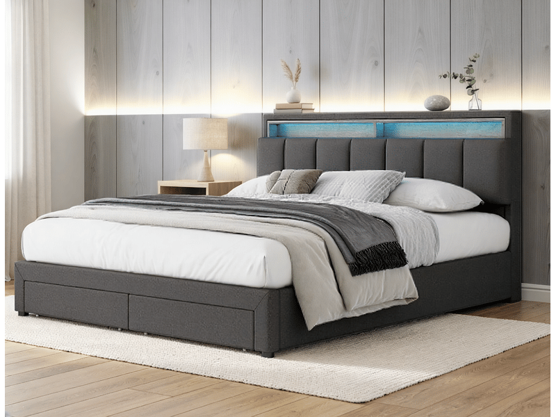  Lit coffre double 180 x 200 cm avec 2 tiroir, tête de lit rembourrée avec rangement, led réglable par télécommande, lin, gris foncé  - Conforama B