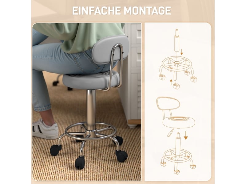  Tabouret roulant pivotant réglable avec dossier, revêtement en cuir synthétique, repose-pieds, pour table de maquillage, gris  - Conforama C